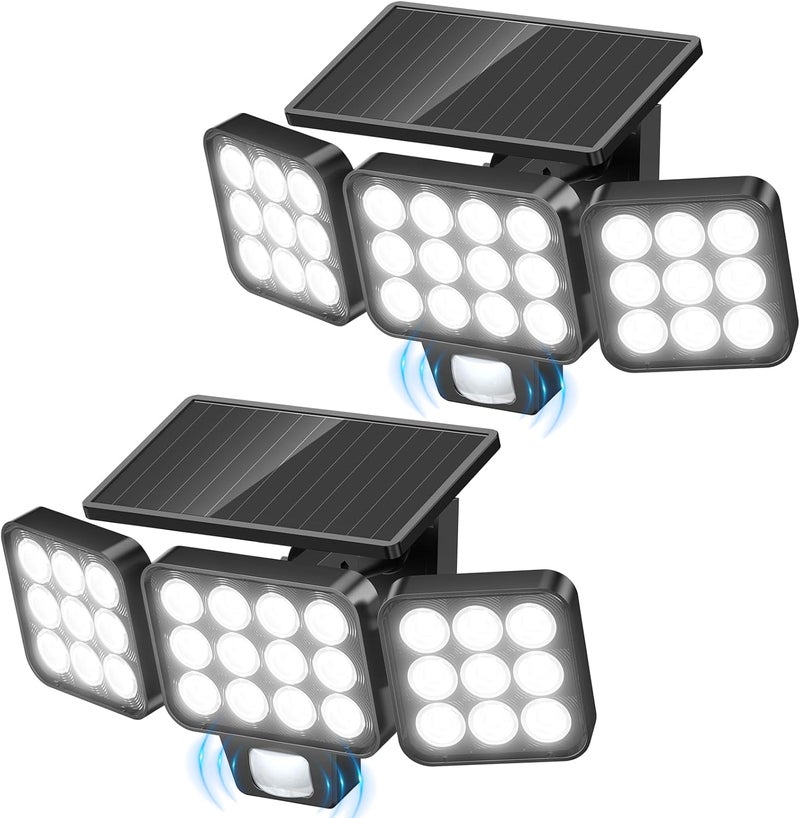 WdtPro Solar Lights Outdoor Flood Light, 3500LM Bright Motion Sensor Outdoor Lights, 3 Heads & Upgrade Glass Panel, LED Solar Powered Security Light Spotlights Waterproof for Outside Yard-2Pack - Image 1